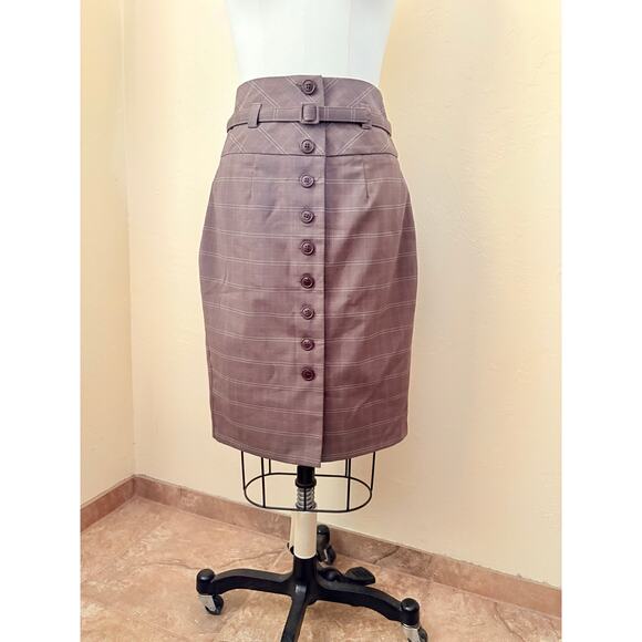 Twentyone Plaid Button Front Belted Pencil Skirt Brown High Waist L (JR) - Picture 3 of 7